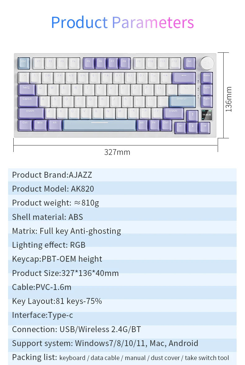 Teclado Mecânico Ajazz AK820/AK820Pro com Ecrã TFT e Botão Multifuncional - Conexão Fio/2.4GHz/BT para PC Gamer