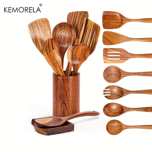 Conjunto de Utensílios de Cozinha em Madeira Teak – 9 Peças com Suporte para Colheres e Espátulas