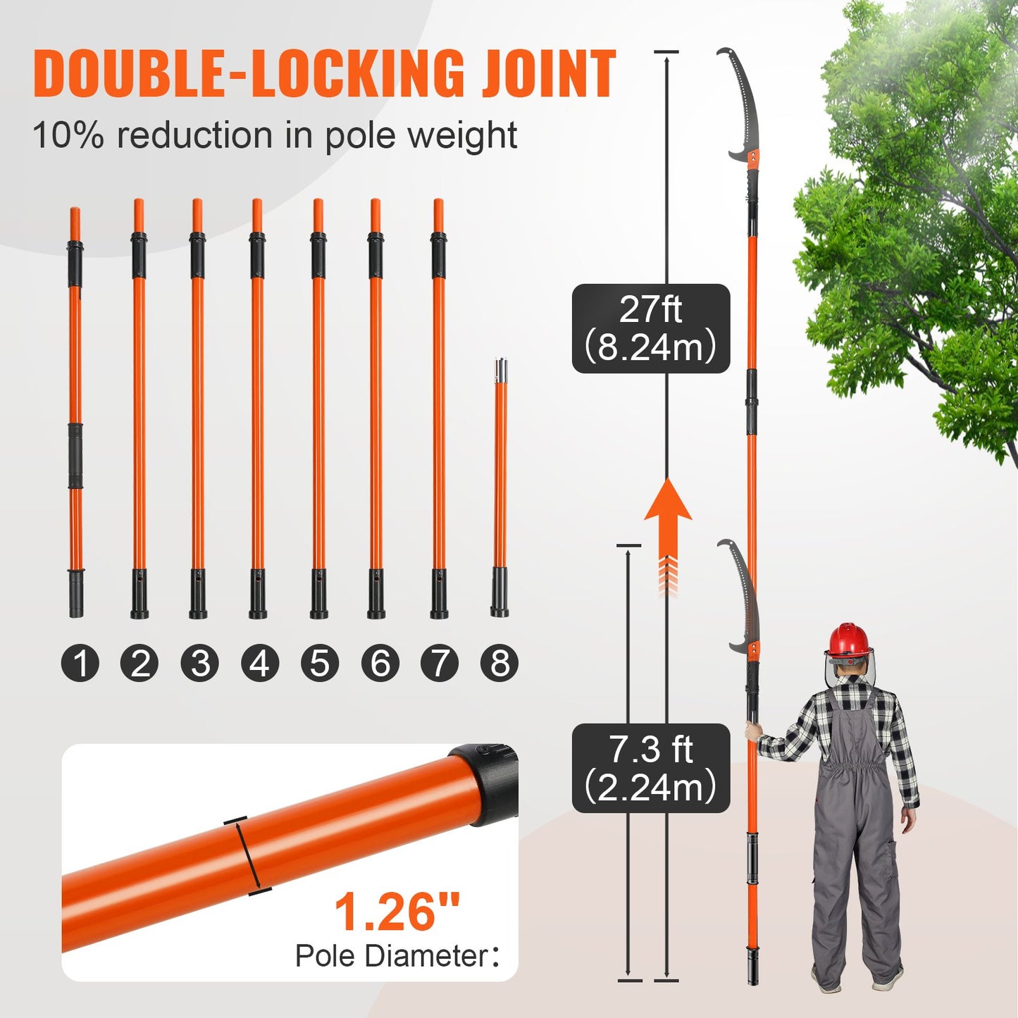 2.24-8.24m telescopic pruning saw with extendable handle and Japanese serrated steel blade