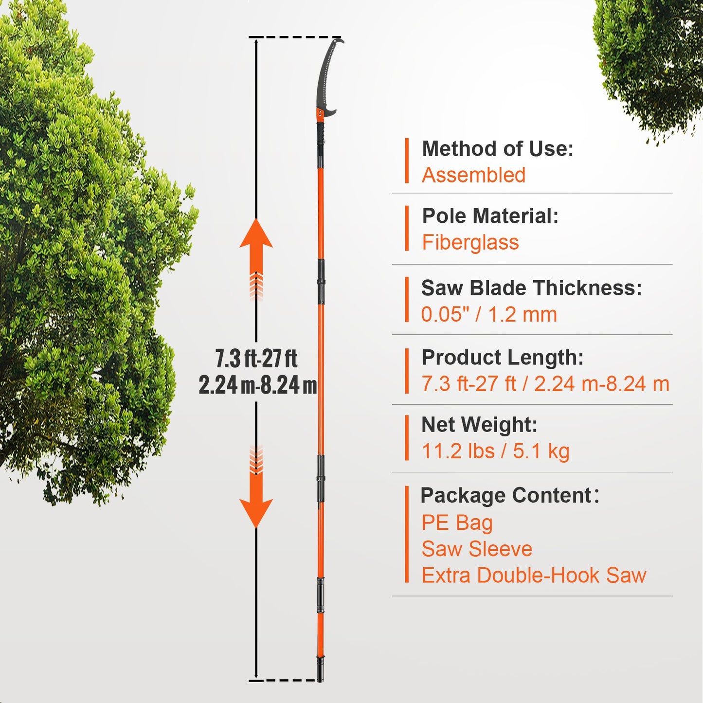 2.24-8.24m telescopic pruning saw with extendable handle and Japanese serrated steel blade