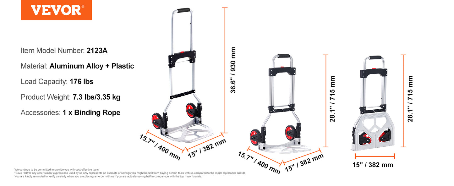 Carro de armazém Vevor 80/125/140 kg (176/275/309 lbs) dobrável, portátil com alça telescópica e corda de suporte