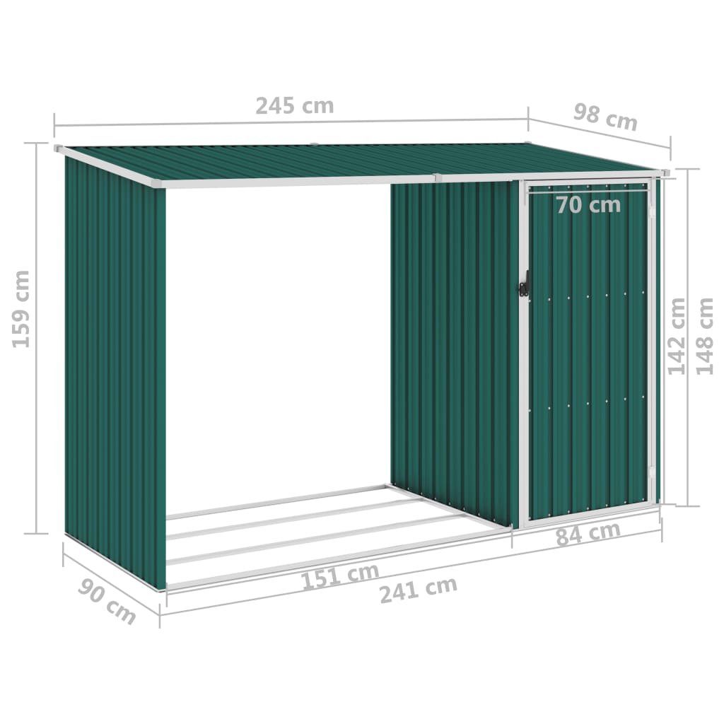 Abrigo de lenha para jardim 245x98x159 cm aço galvanizado verde