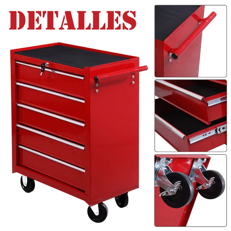 Carro caja de herramientas taller movil con 5 cajones 4 ruedas chapa de Acero Rojo